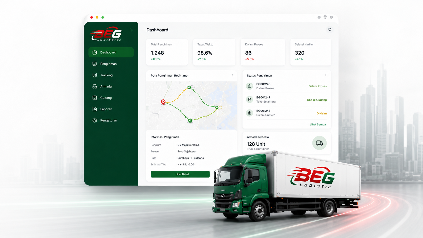 Dashboard tracking dan armada truk BEG Logistic