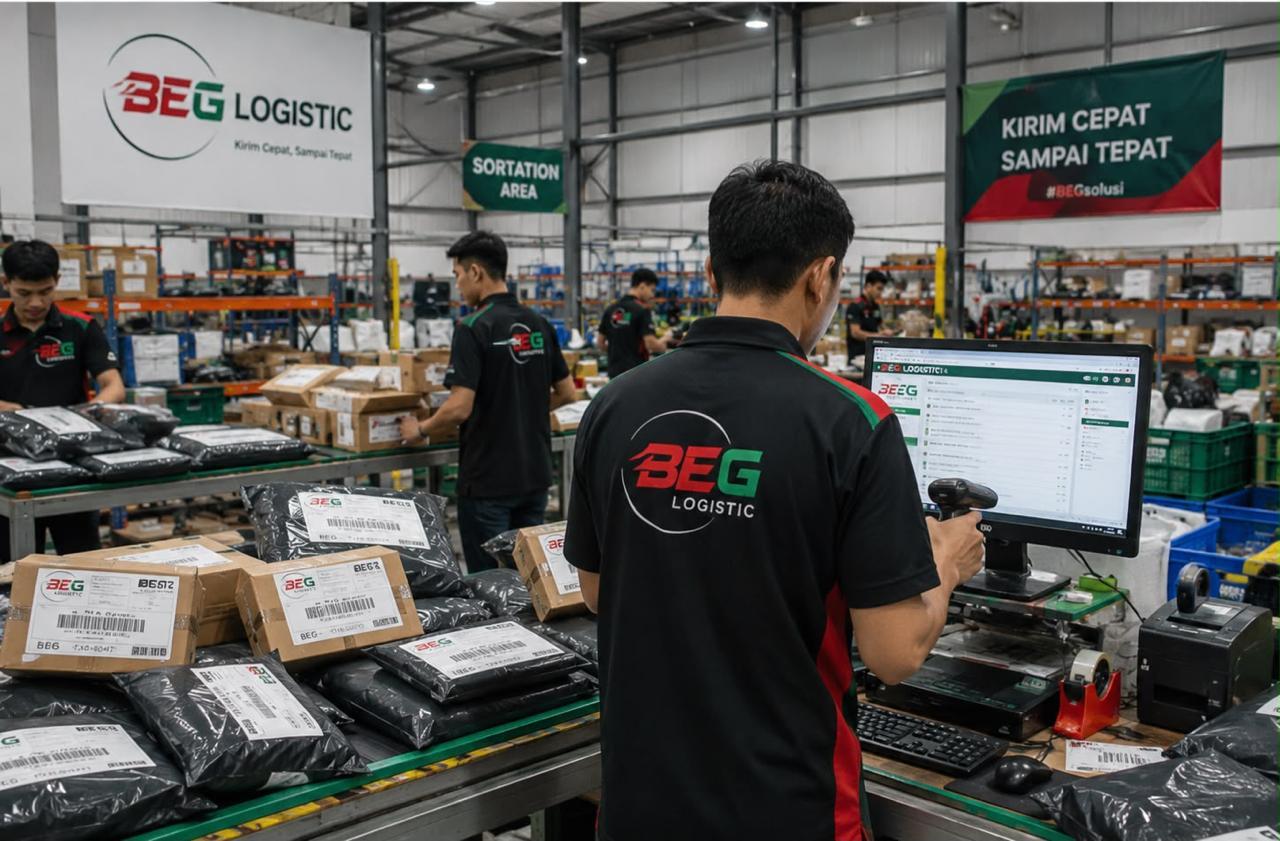 Tim BEG Logistic menyortir paket di area gudang distribusi